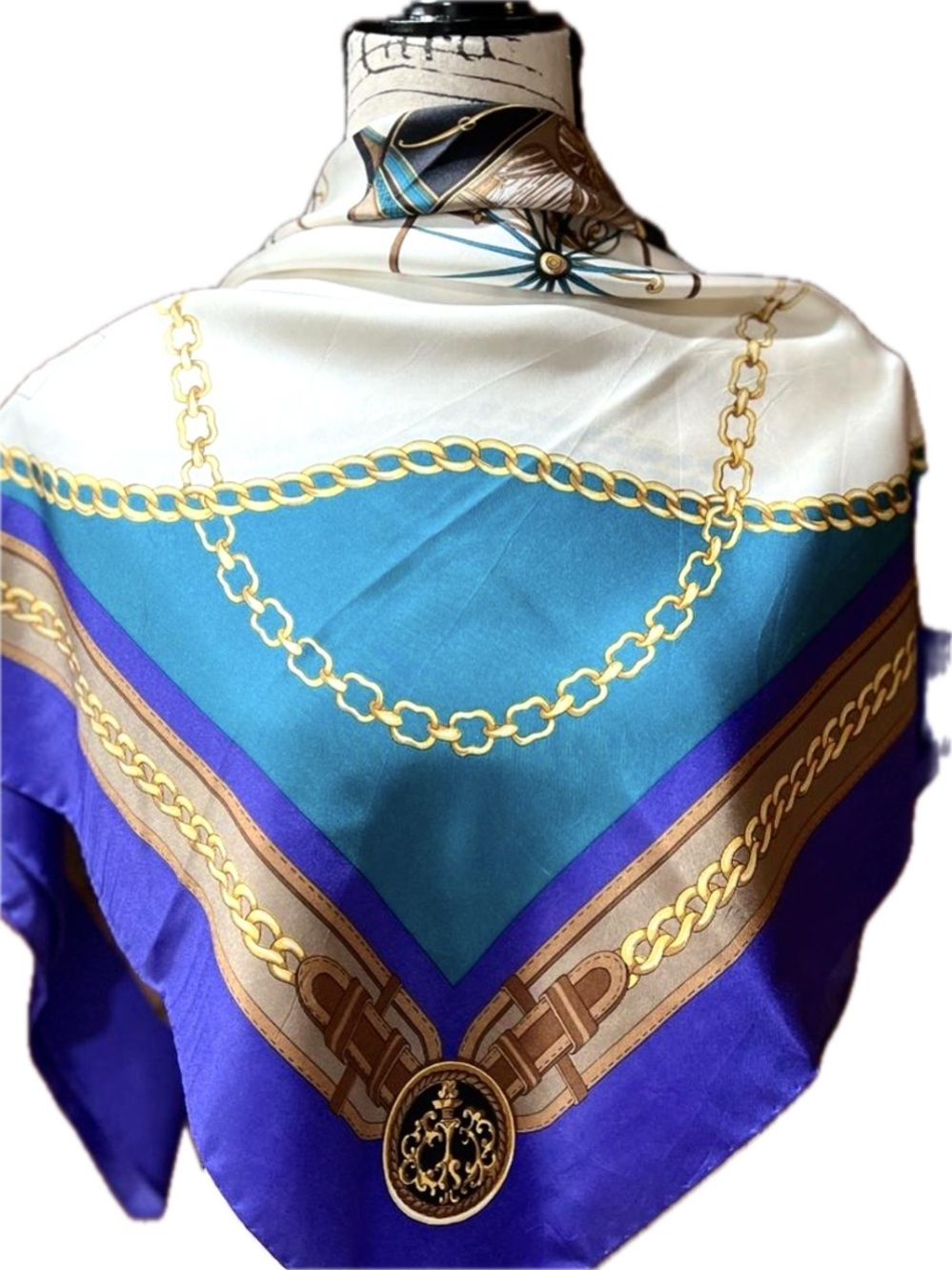 Weill Paris Vintage Silk Scarf with Carriage Chain Design Teal & Purple 34”x34” - Picture 2 of 8